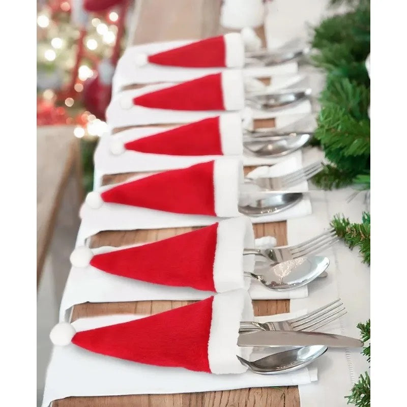 Merry Christmas 2024 Christmas Tableware Bag Holder Christmas Hat Fork Knife Cutlery Bag Christmas Decorations for Home (10 pcs)