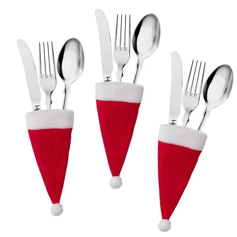 Merry Christmas 2024 Christmas Tableware Bag Holder Christmas Hat Fork Knife Cutlery Bag Christmas Decorations for Home (10 pcs)